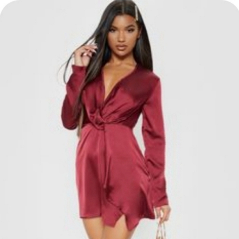 Fashion Nova | Kylie Satin Tie Knot long sleeve mini dress XSMALL